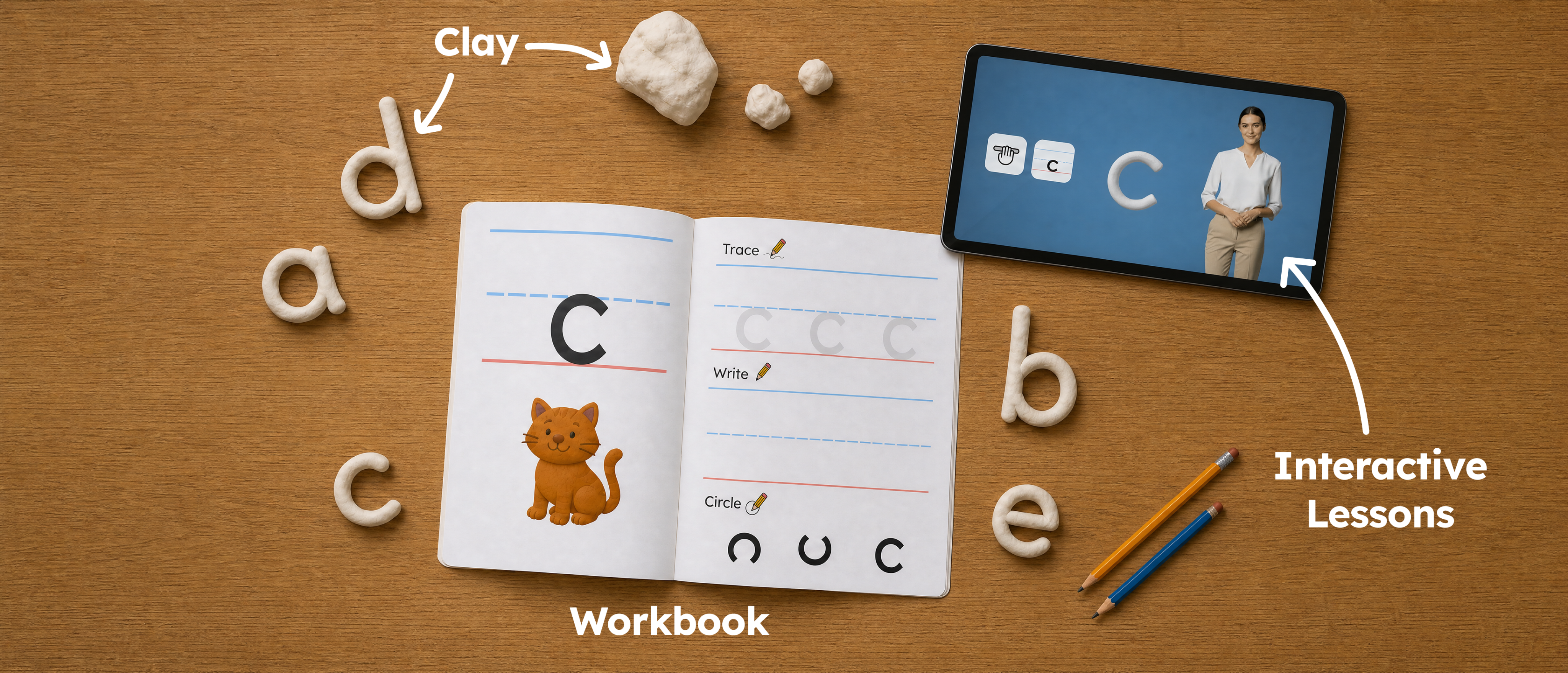 Workbook and clay letters with an interactive video lesson playing on a tablet